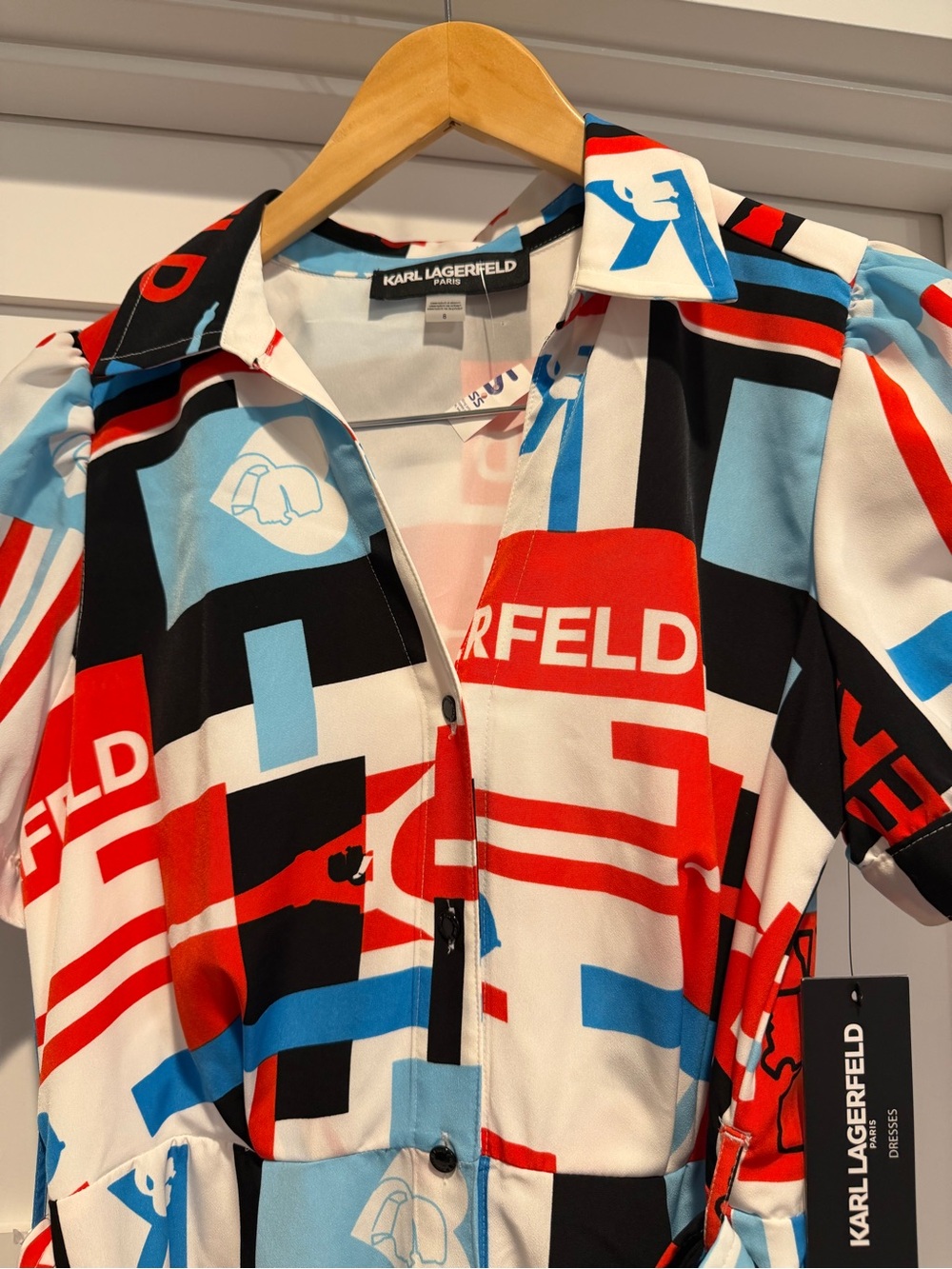 NWT Karl Lagerfeld Logo Print Shirt Dress - Red, Blue, Black, White - Picture 3 of 11